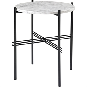 GUBI TS Couchtisch Rund Ø40 cm mit Schwarzem Gestell und Neutralweißer Travertinplatte